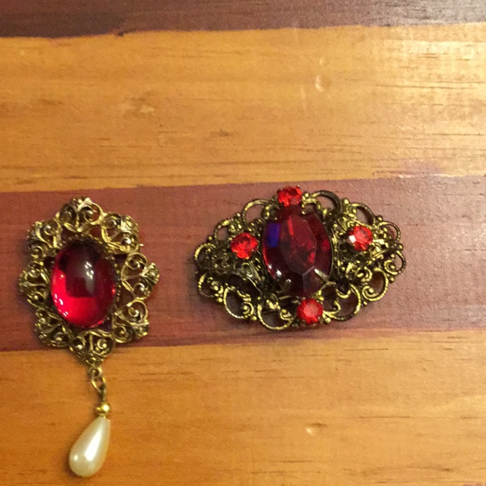 2 Vintage Red and Gold Tone Pins!!